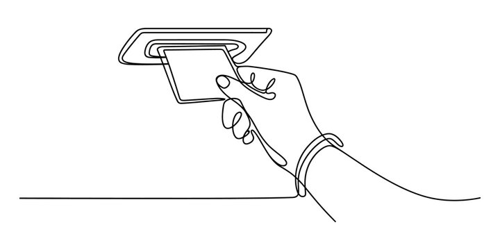 Continuous line drawing of a hand inserting a credit card into an atm machine