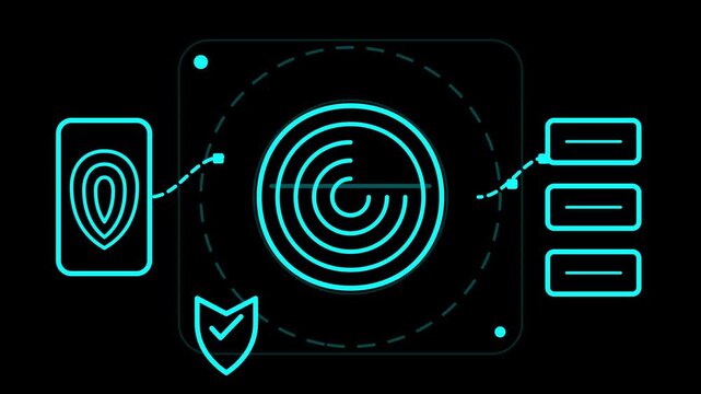 Digital security illustration showing a fingerprint scan, a verified checkmark, and data processing elements against a dark background, highlighting cyber defense