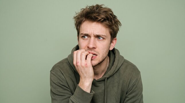 Anxious young man biting his fingernails in a state of stress and nervous tension