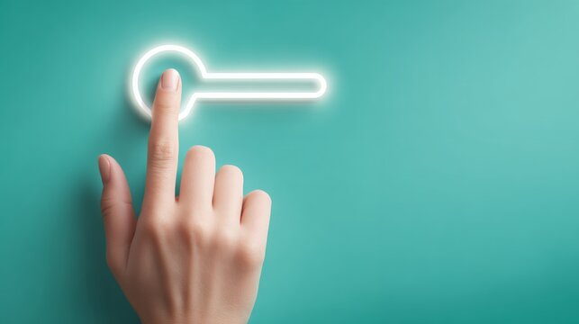 Female hand touching glowing neon toggle switch on teal background, intuitive ui concept for cyber monday start, activation and smart tech