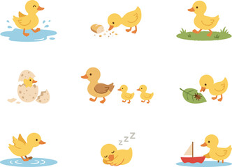 Naklejka premium Cute yellow duckling character vector illustration set