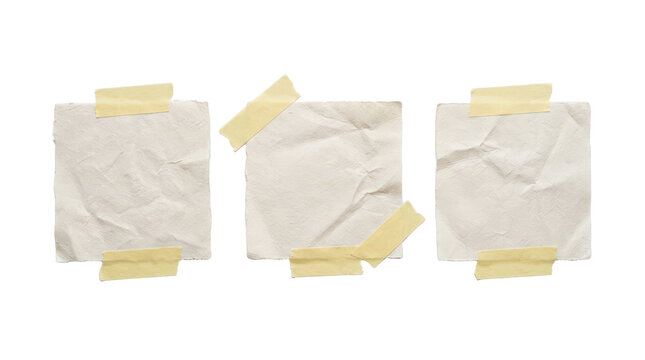 Crumpled paper notes with adhesive tape, wrinkled memo sheets, grungy stationery notes isolated on Transparent Background