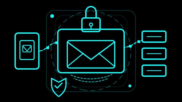 Cyber security and email protection concept with digital lock and secure data transmission in neon blue line art style animation