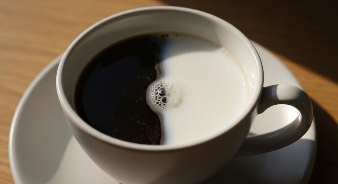 Close-up of a coffee cup, half-filled with dark coffee and half with cream, on a saucer, illuminated by sunlight