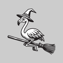 Obraz premium Funny flamingo wearing a witch hat flying on a wooden broomstick vector illustration unique tropical halloween concept for summer vacation cards beach party decals and web graphics