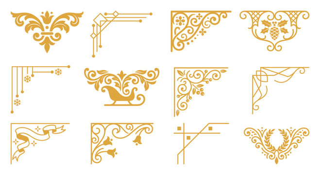 Classic golden baroque corner decorations and scrollwork borders for luxury frame designs.