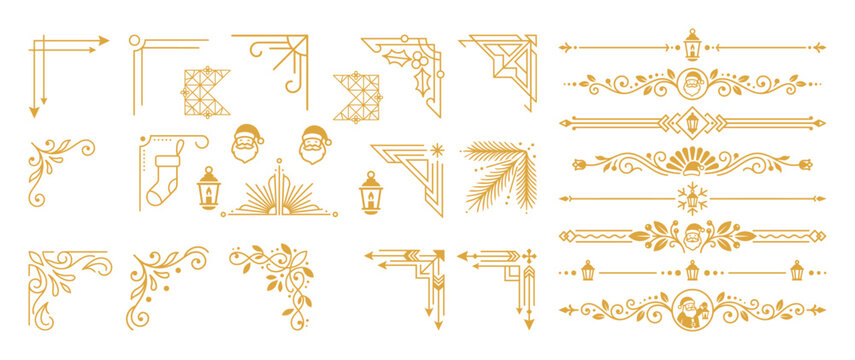 Collection of gold christmas corner frames and santa dividers for seasonal decoration.