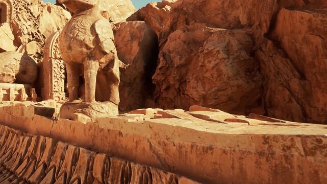 In a sunlit desert landscape, detailed ancient carvings stand proud against rocky terrain. These weathered stone figures tell stories of creativity and culture from a long lost era.