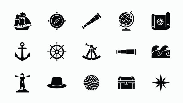 Black and white nautical icons featuring classic maritime tools and symbols in flat vector design with representing traditional navigation navigation sailing equipment compass