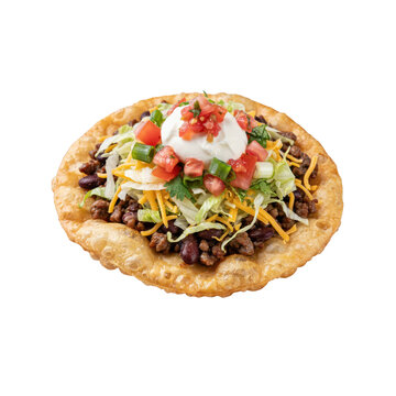 Crispy fried flour tortilla tostada topped with ground beef, beans, shredded lettuce, cheese, and sour cream isolated on a transparent background
