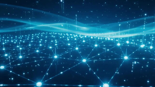 Glowing blue network connection nodes floating in digital space for abstract motion video technology background graphics
