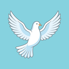 Obraz premium Vector illustration of a white pigeon or dove in flight with wings spread wide, set against a light blue background, symbolizing peace, freedom, and spirituality in a clean style.