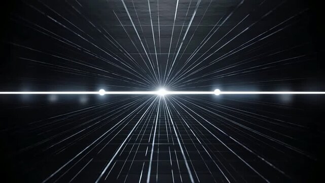 Optical light beam with glowing perspective speed lines and central illumination forms a futuristic digital horizon.
