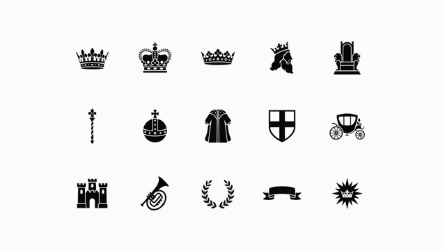 Classic royal and ceremonial symbols arranged in black with ceremonial emblems minimalist minimalist graphic design white icons traditional illustration instrument heraldry
