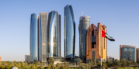 Abu Dhabi skyline with Etihad Towers skyscrapers panorama in Abu Dhabi, United Arab Emirates