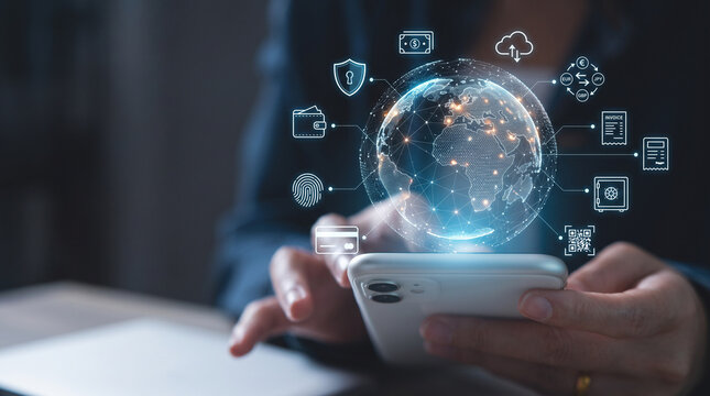 Global Digital Finance and Mobile Banking with Smartphone, International Payments, Fintech and Secure Financial Technology
