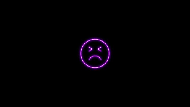 Sad squinting face emoji purple neon glowing icon dark background 4k motion video 25fps
