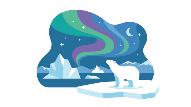 Polar bear stands on ice floe beneath aurora borealis vector illustration
