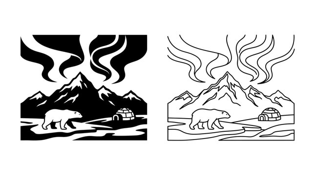 Arctic scene with polar bear mountains and aurora borealis black and white vector