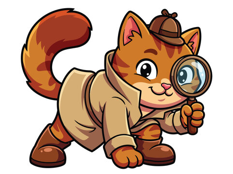 Cartoon cat detective with magnifying glass