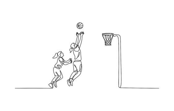 Continuous line drawing of two female netball players jumping to shoot the ball into the hoop during a competitive sports match in the arena