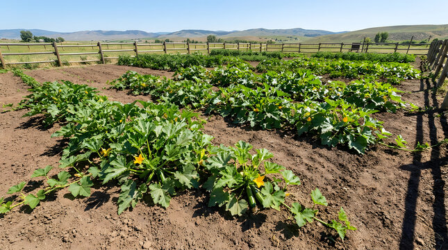 Zucchini and squash plants with yellow blossoms grow in large dirt field enclosed by rustic wooden fence against distant mountain range background.