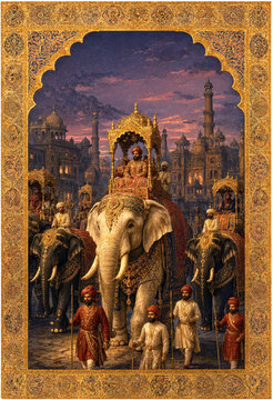 Majestic Royal Procession With Elephant Carrying Seated Figure Through Ancient City At Sunset