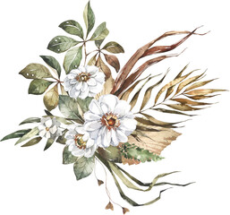 Obraz premium Elegant Watercolor Peony Flowers with Green Leaves on Transparent Background