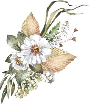 Vibrant Watercolor Floral Bouquet with Roses and Wildflowers on White Background