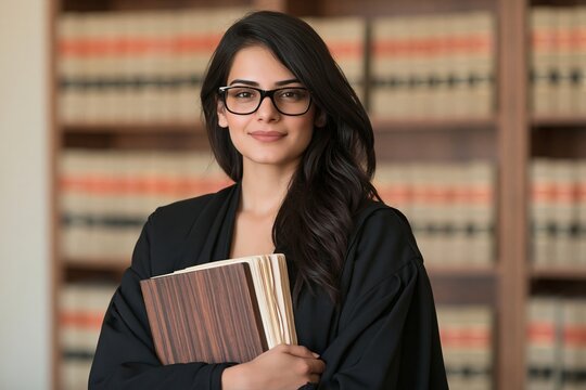 Female attorney in black robe and glasses holding a law book in front of library shelves
