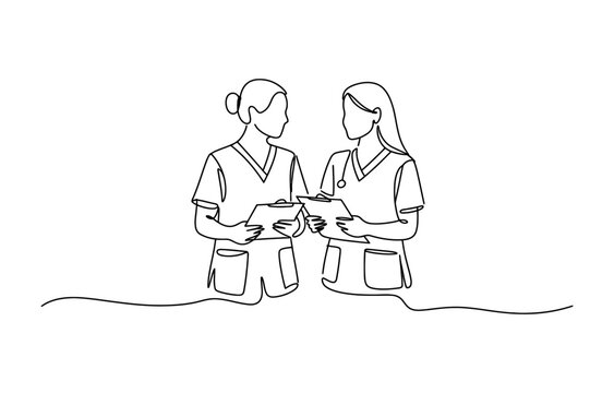 Continuous line drawing of two female nurses talking and holding medical clipboards together for a healthcare consultation in a hospital or clinic setting