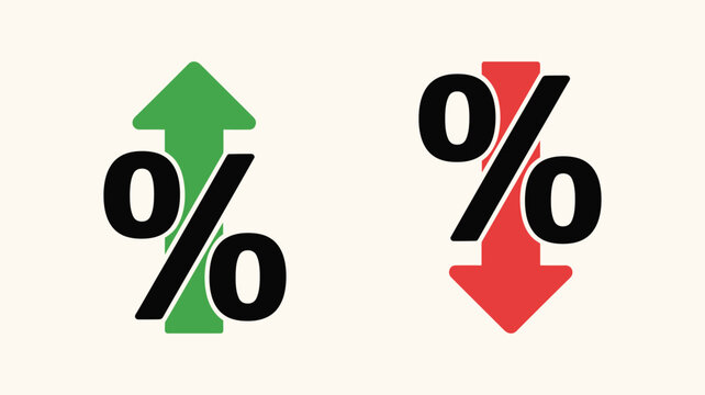 Percentage sign with up and down arrows for financial growth and decline.