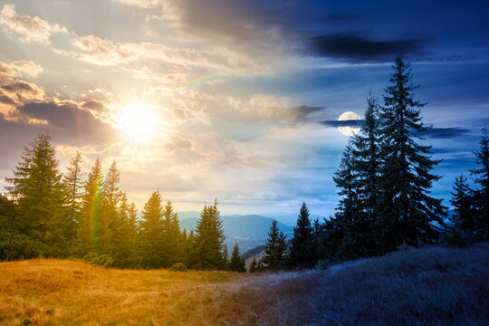 hill with coniferous forest on a meadow in mountains of Ukraine. day meet night. sun and moon over Synevyr national park landscape, Transcrpathia on autumn equinox. spruce trees under epic sky