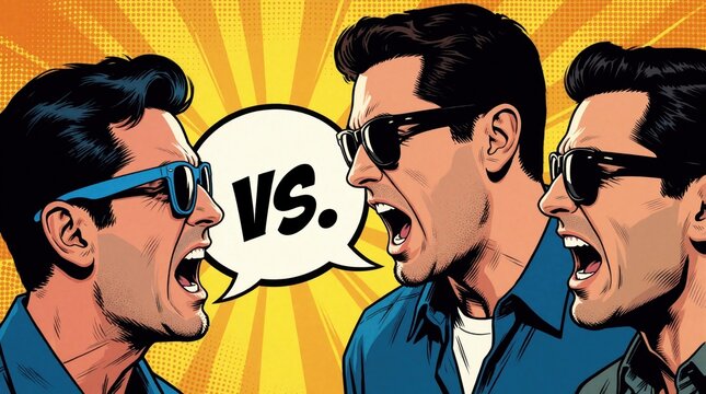 Two men with sunglasses shout aggressively at. Speech bubble displays VS. Retro comic style illustration yellow background with radiating lines, dot pattern. Conflict, argument, dispute, disagreement.