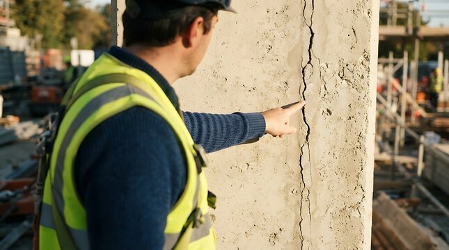 Building inspector checking a large crack in a concrete wall at a construction site