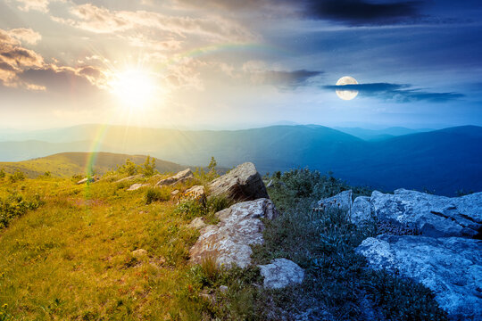 Carpathian mountain landscape on summer solstice. scenic view of Transcarpathia region from the mnt. Smooth. alpine blueberry field with rock on the Polonyna Runa hill at twilight