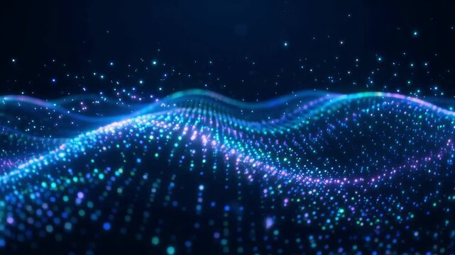 Glowing blue particle waves flowing in constant motion for a digital background science video animation clip