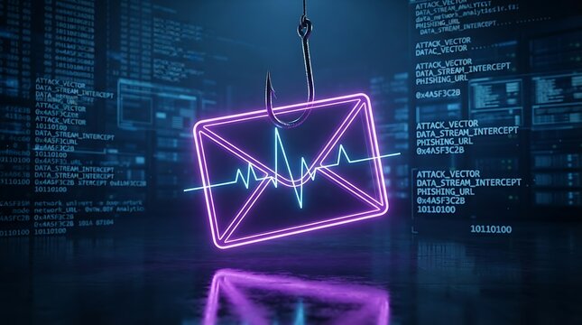 Digital email phishing attack concept with a fishing hook and neon envelope