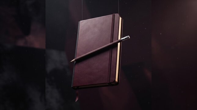 3d World Teachers&rsquo; abstract background new design 2026 Dark brown leather notebook with pen diagonally inserted against dark background illustration