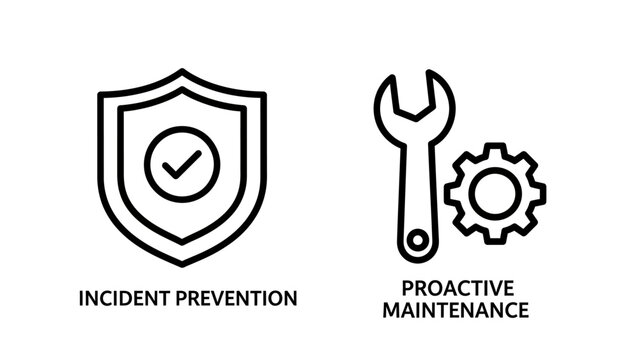 Incident prevention and proactive maintenance line art icons for business safety