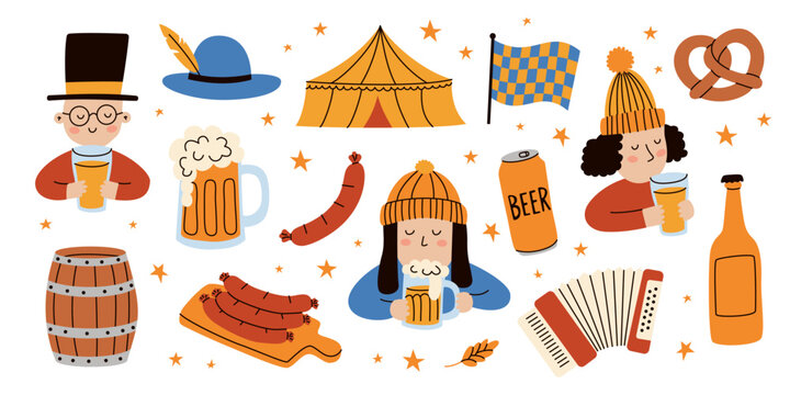 Oktoberfest Beer Festival Set with Three Bavarian Characters, Pretzel, Sausages and Traditional Elements