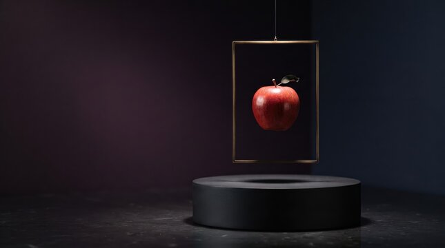 3d World Teachers&rsquo; abstract background new design 2026 Red apple floating in a framed display on a dark stage illustration