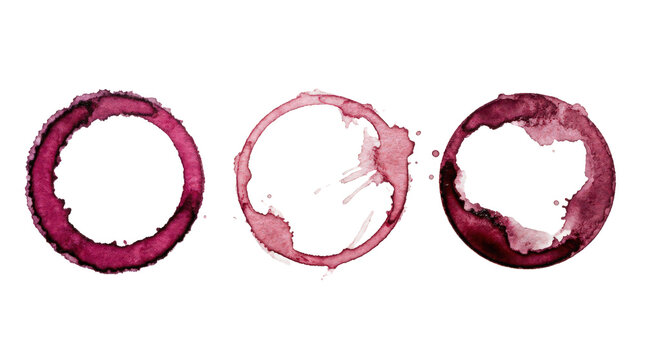 Red wine glass stain rings set, burgundy liquid circles and splashes, winery design elements isolated on Transparent Background