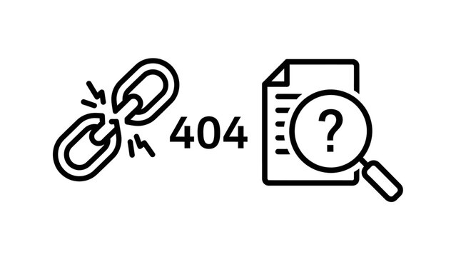 Broken link 404 error and search document icons with document
