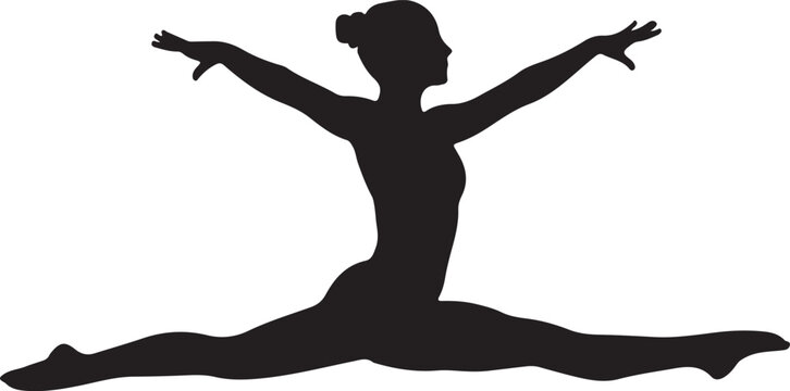 Female gymnast performing split leap on balance beam during competition