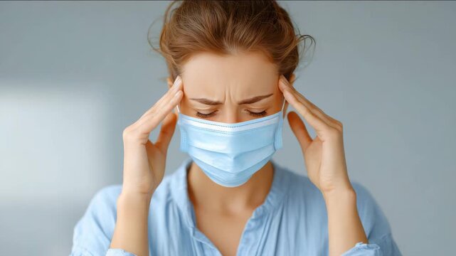 Woman in mask with headache holding temples feeling unwell or stressed indoors concept of illness or stress