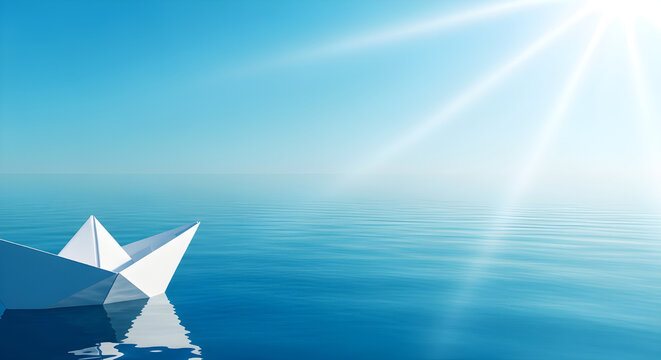 Paper boat floating on calm blue ocean water surface with bright morning sun rays shining down from clear sky