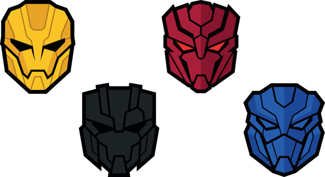 Futuristic Sci Fi Robot Mask Avatar Vector Set Featuring Yellow, Red, Blue, and Black Cyborg Helmet Icons for Gaming and Esports Logo Designs