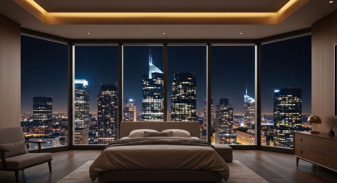 Luxurious bedroom with panoramic nighttime city view from floor-to-ceiling windows