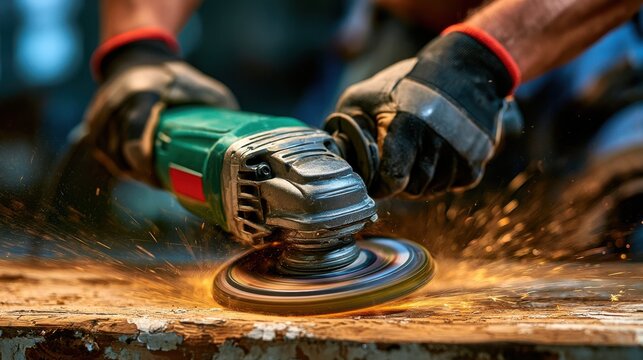 Gloved hands use an orbital sander on a wooden beam, highlighting craftsmanship in timber restoration and renovation.
